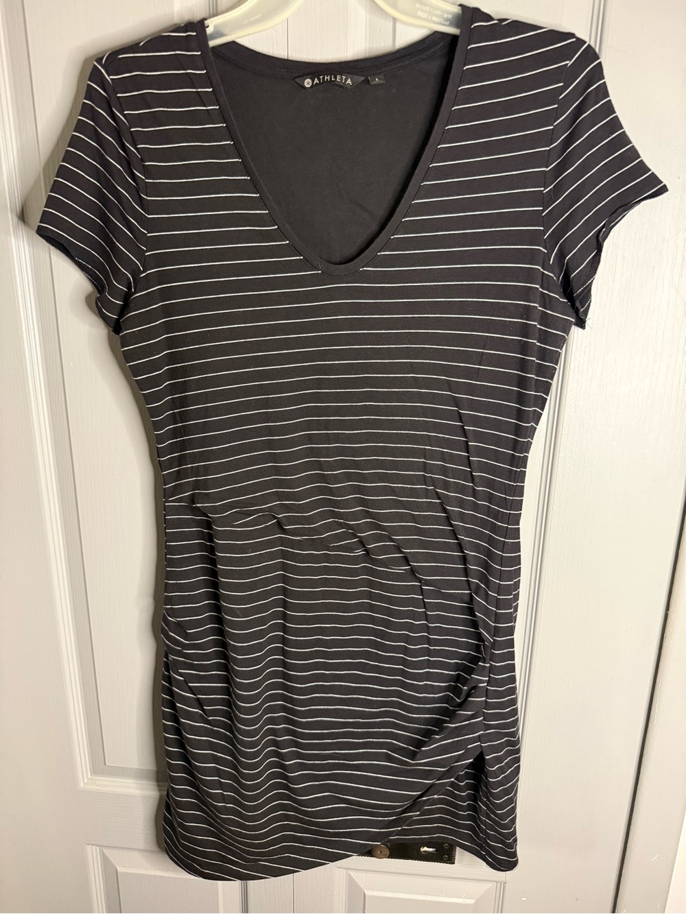 Athleta Black & White Striped V-Neck Midi Dress
